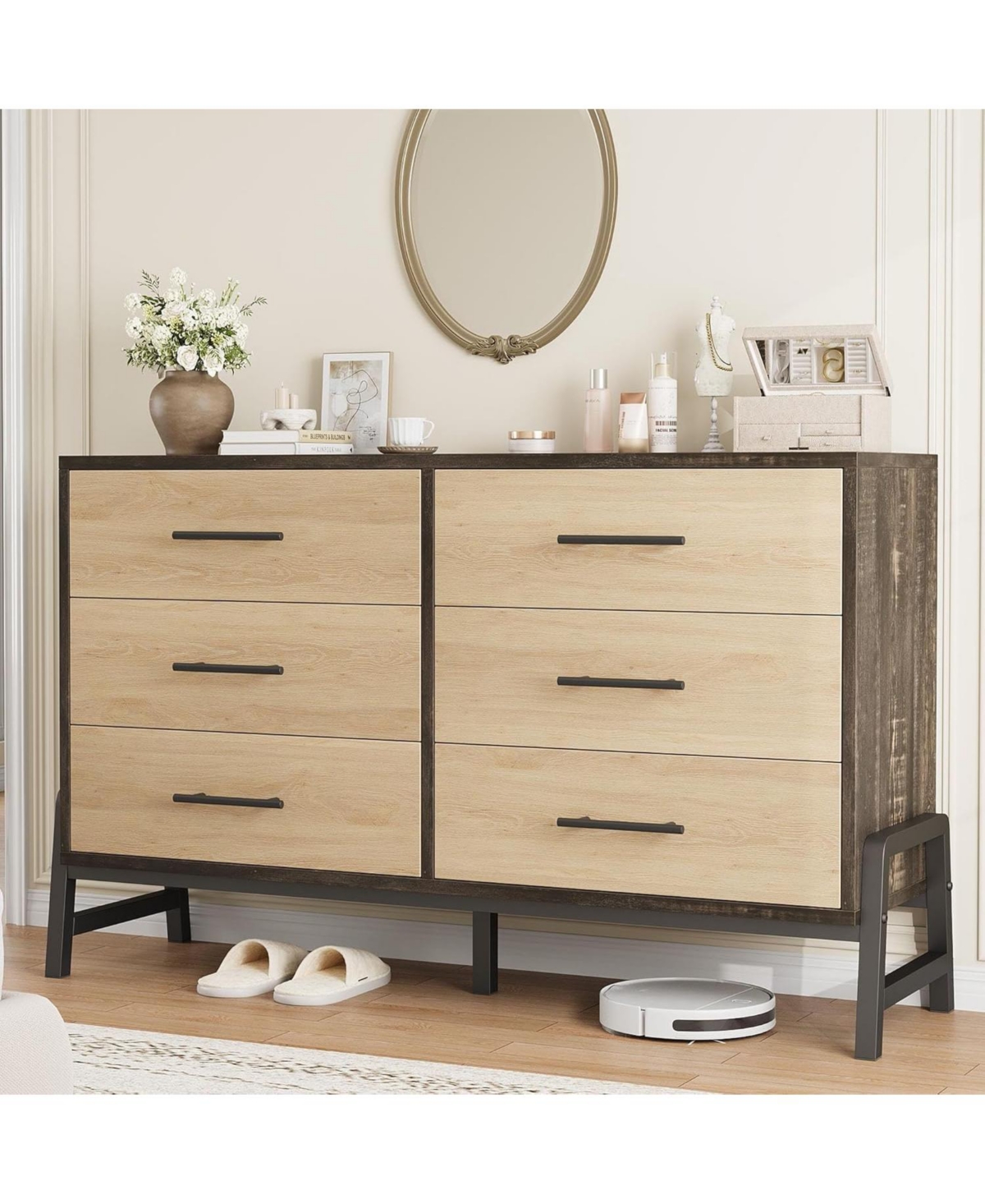 52" Wide 6-Drawer Closet Dresser, Freestanding Wooden Storage Cabinet for Bedroom & Living Room, Natural Oak