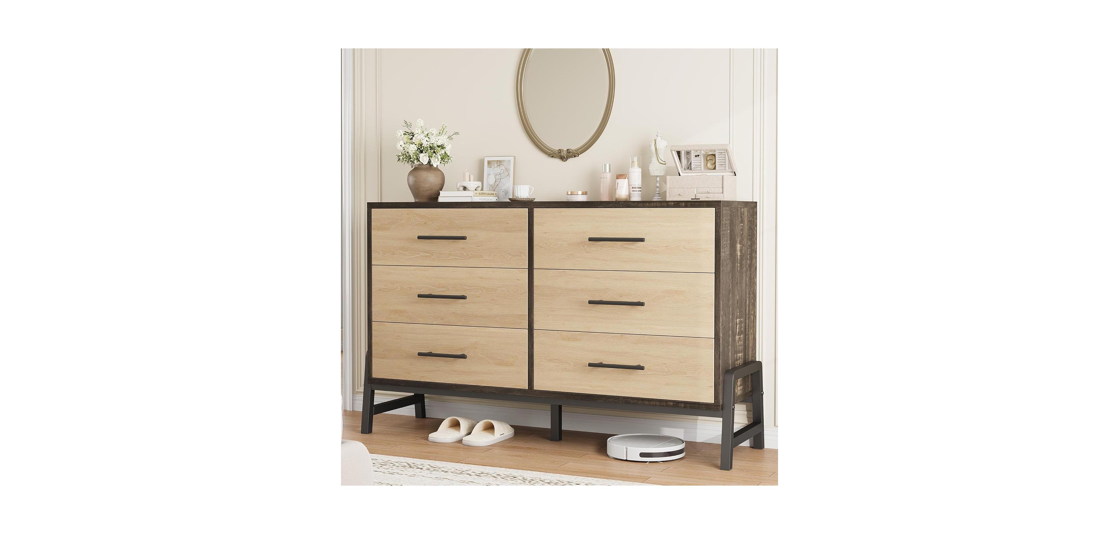 52" Wide 6-Drawer Closet Dresser, Freestanding Wooden Storage Cabinet for Bedroom & Living Room, Natural Oak