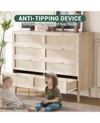 8 Drawer Oak Dresser for Bedroom, Natural Rattan Chest with Gold Handles, Slim Wood Cabinet for Entryway or Living Room