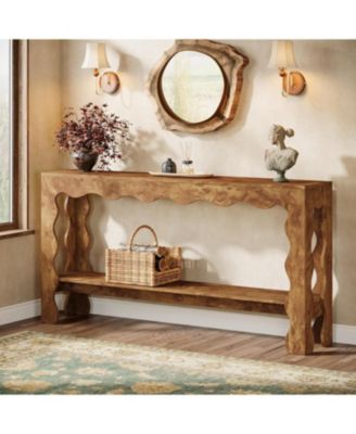 63" Narrow Long Entryway Table, 2-Tier Modern Farmhouse Entry Table, Light Brown