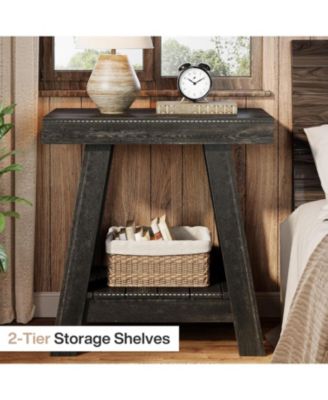 2-Tier Wooden End Table, Farmhouse Small Sofa Side Table with Storage, Rustic Grey
