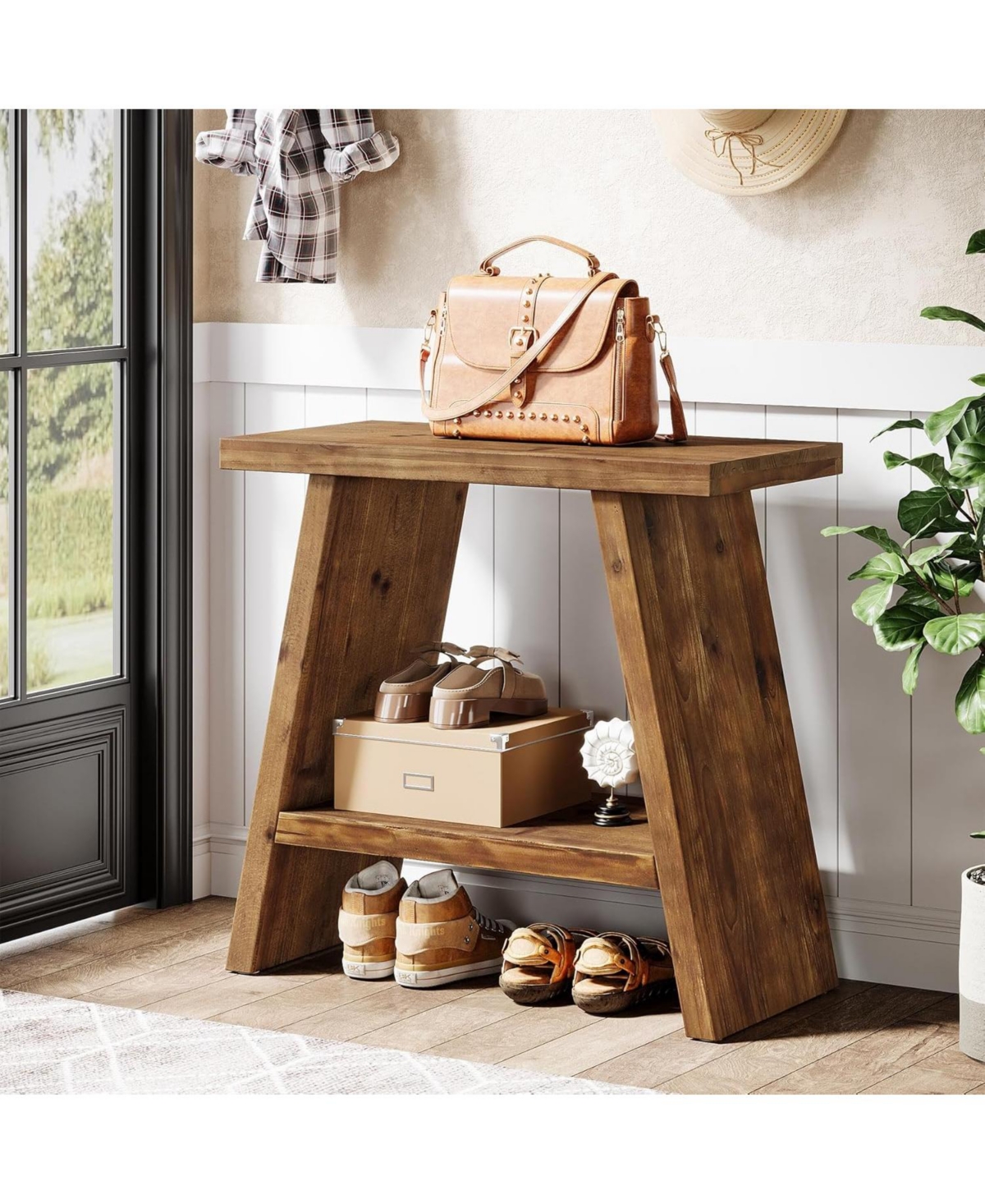 Tribesigns Solid Wood End Table for Living Room, Narrow Small Side Table with 2-Tier Storage