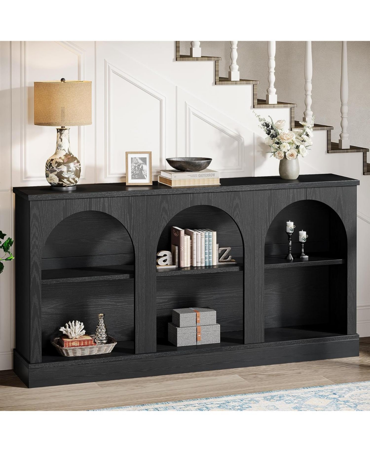 Tribesigns Farmhouse Console Table, 63-Inch Long Entryway Table with 3 Tier Storage, Wooden Rectangular Sofa Behind The Couch