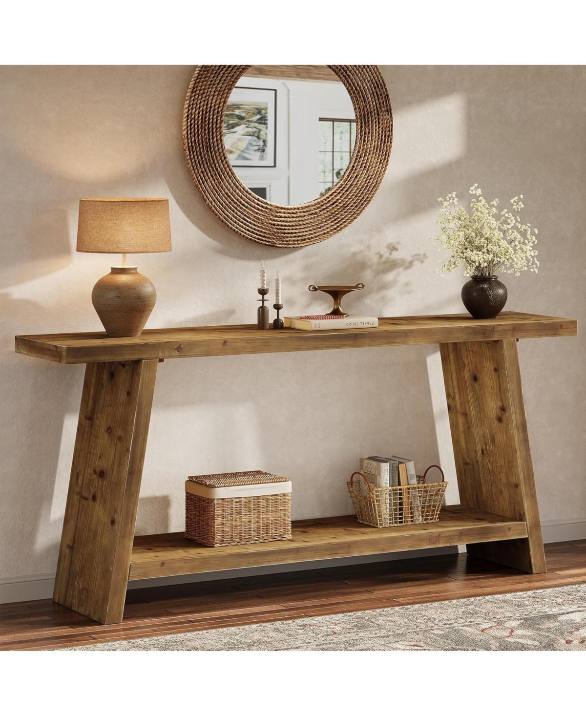 Tribesigns 70.9" Solid Wood Console Table, Narrow Long Sofa Table with 2-Tier Storage, Farmhouse Entryway Table