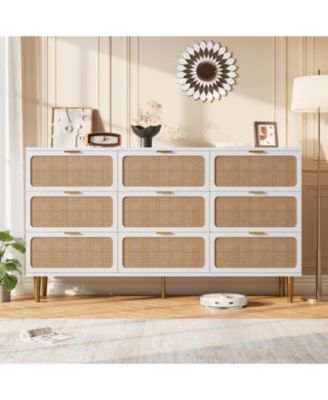 Rattan 9-Drawer Dresser, Tall Wood Chest with Wide Top, Large Storage Cabinet for Bedroom, Living Room, Hallway