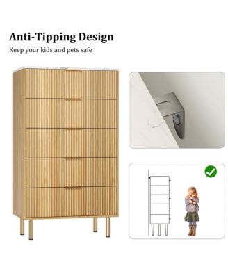 Fluted Wood 5-Drawer for Bedroom, Modern Chest, Tall Dresser