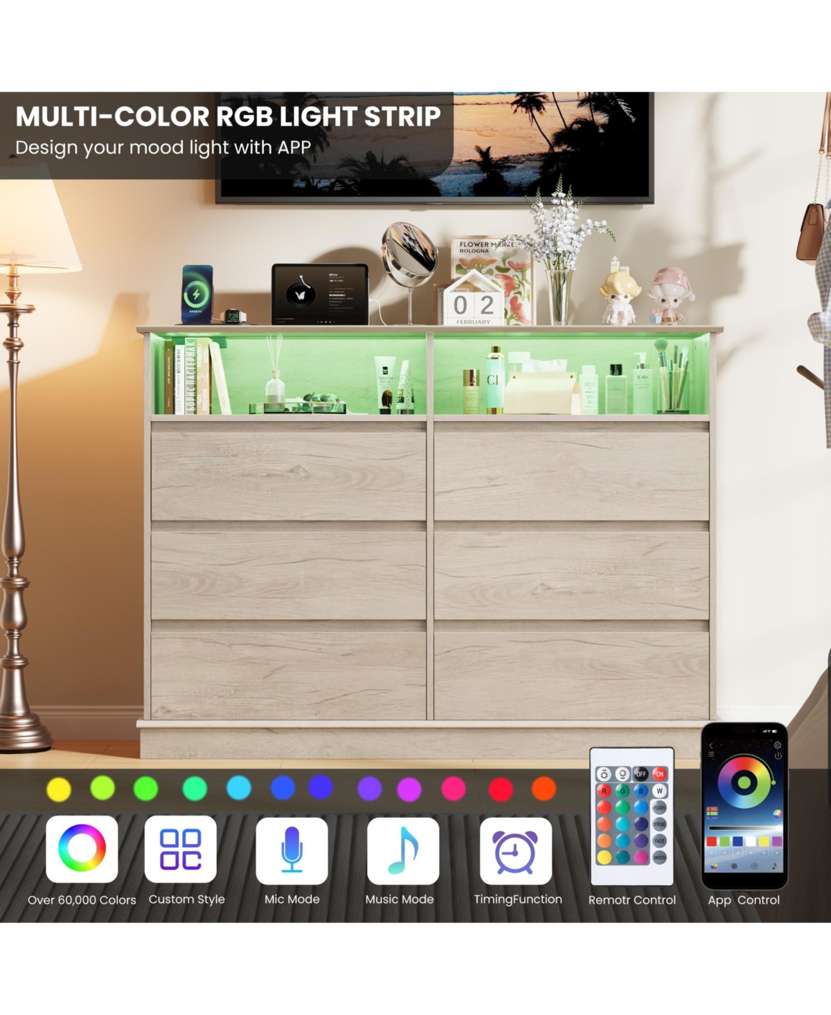 Gaomon Dresser for Bedroom with 6 Drawers, Modern Chest Featuring Led Lights and Charging Station, Spacious Storage Cabinet