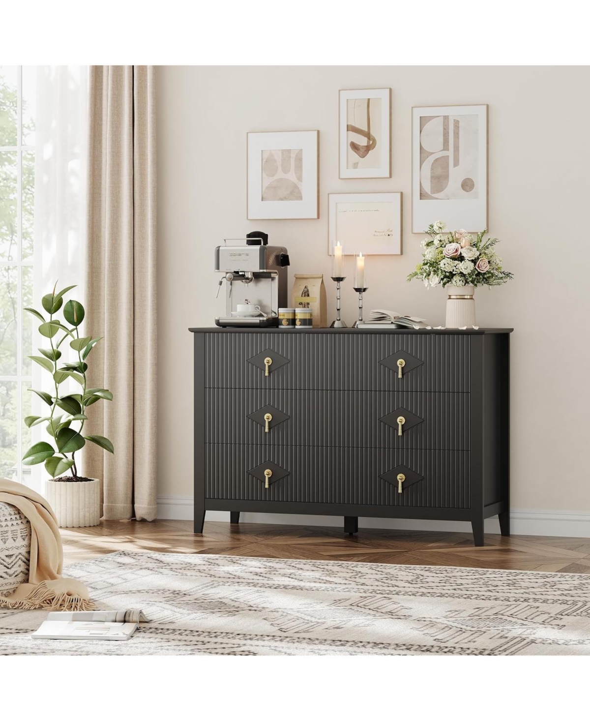 gaomon Dresser 48"W, 6-Drawer Modern Wood Chest with Metal Handles, Bedroom Storage Cabinet Tv Stand for Living Room