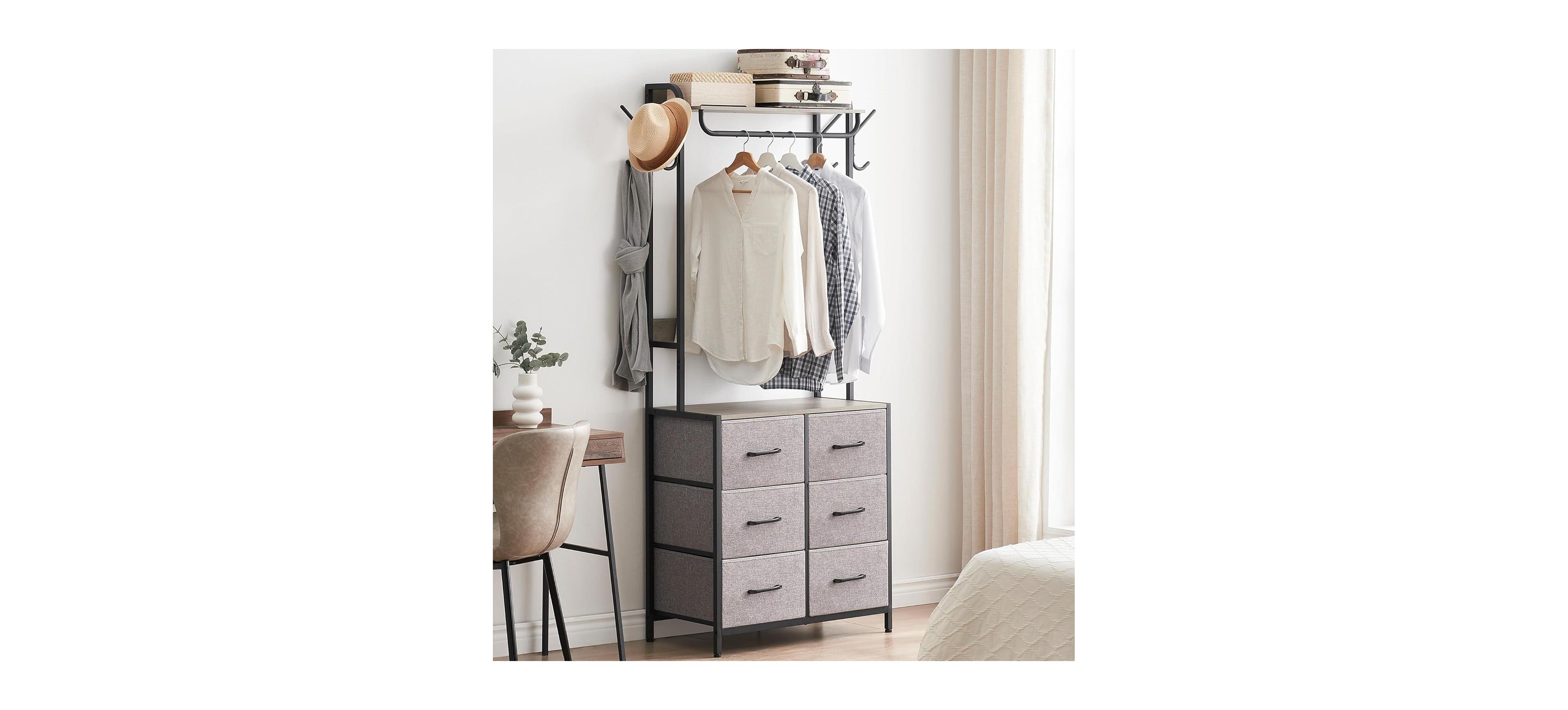 gaomon Clothes Rack with 6 Drawers, Industrial Metal Frame with Wooden Top, Hanging Rods and 4 Side Hooks, Adjustable Storage Closet for Bedroom, Grey