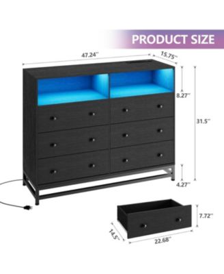 6-Drawer Wide Bedroom Dresser with Charging Station and LED Lights, Modern Large Capacity Storage Cabinet, Pink