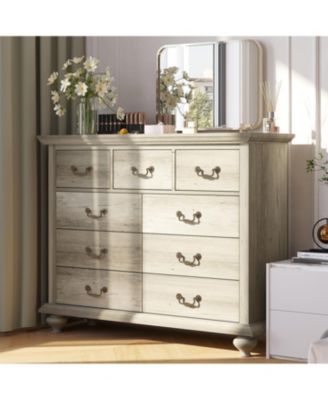 Rustic Grey 9-Drawer Bedroom Dresser, 37.8" Tall Wood Chest with Wide Drawers & Carved Metal Handles, Sturdy Organizer for Living Room Hallway