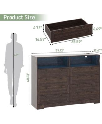 8-Drawer Bedroom Dresser with Charging Station & LED Lights, Modern Wide Wooden Chest for Bedroom Living Room Hallway Entryway