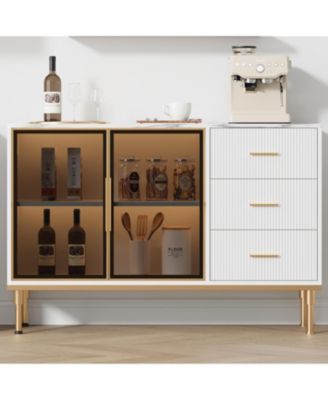 46.4" Fluted Buffet Sideboard Cabinet, Large Kitchen Storage with 2 Glass Doors, 3 Drawers & Shelves, Faux Marble Top Table