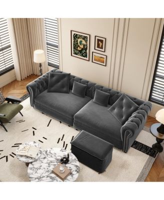 89" Sleeper Sofa Bed, King Size Velvet Pull-Out Couch with Chaise Lounge & Ottoman, 3-in-1 Tufted Sofa for Living Room