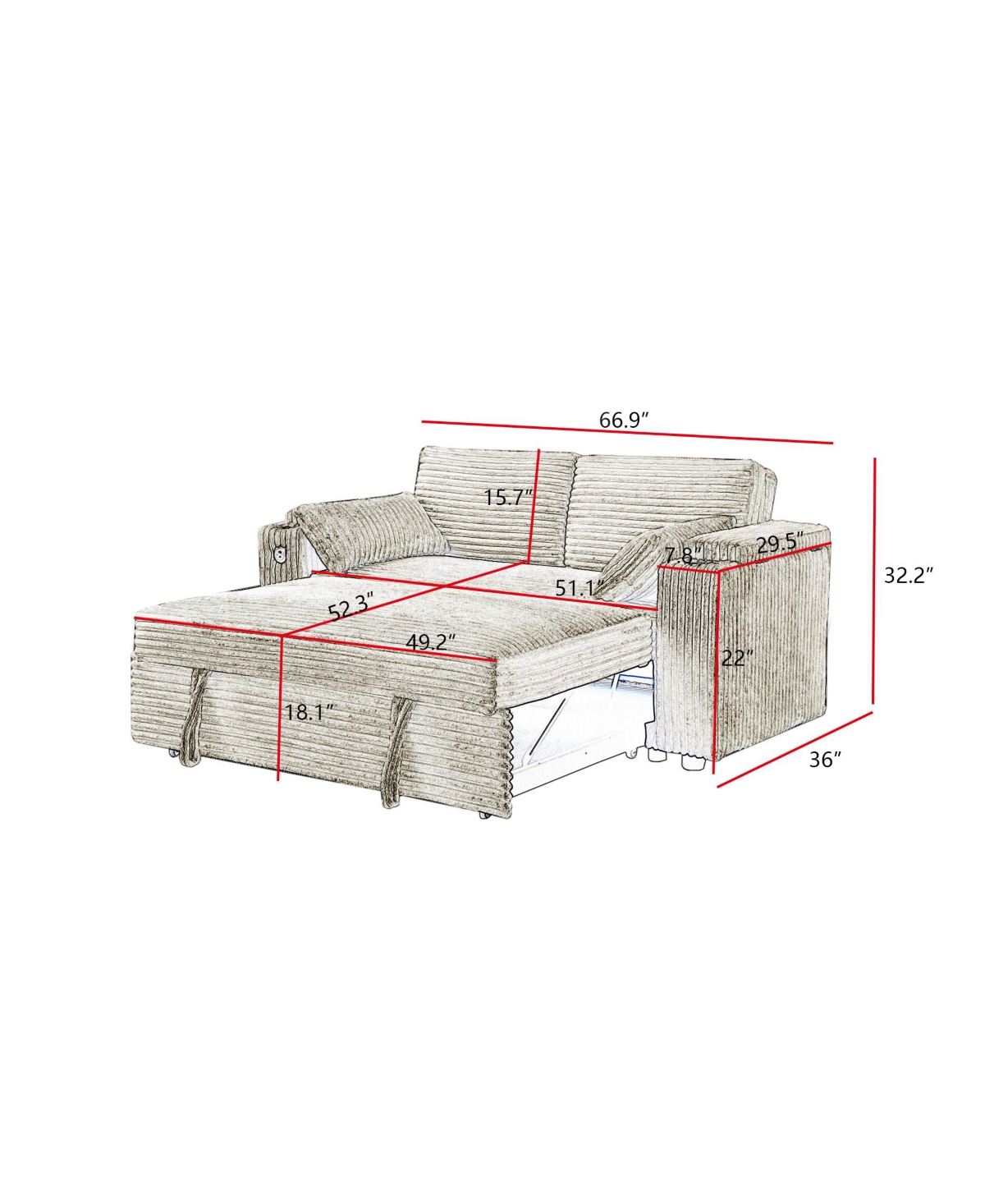 Maison Boucle 67" Pull-Out Sleeper Sofa Bed with Usb Port & Cup Holders, Convertible Loveseat with Adjustable Backrest for Small Spaces-Maison Bo