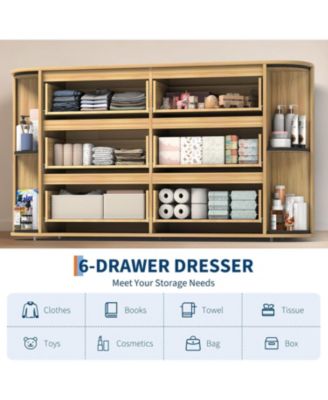 60in Mid Century Wooden Dresser with 6 Drawers 2 Sliding Doors, Oak Fluted Storage Cabinet