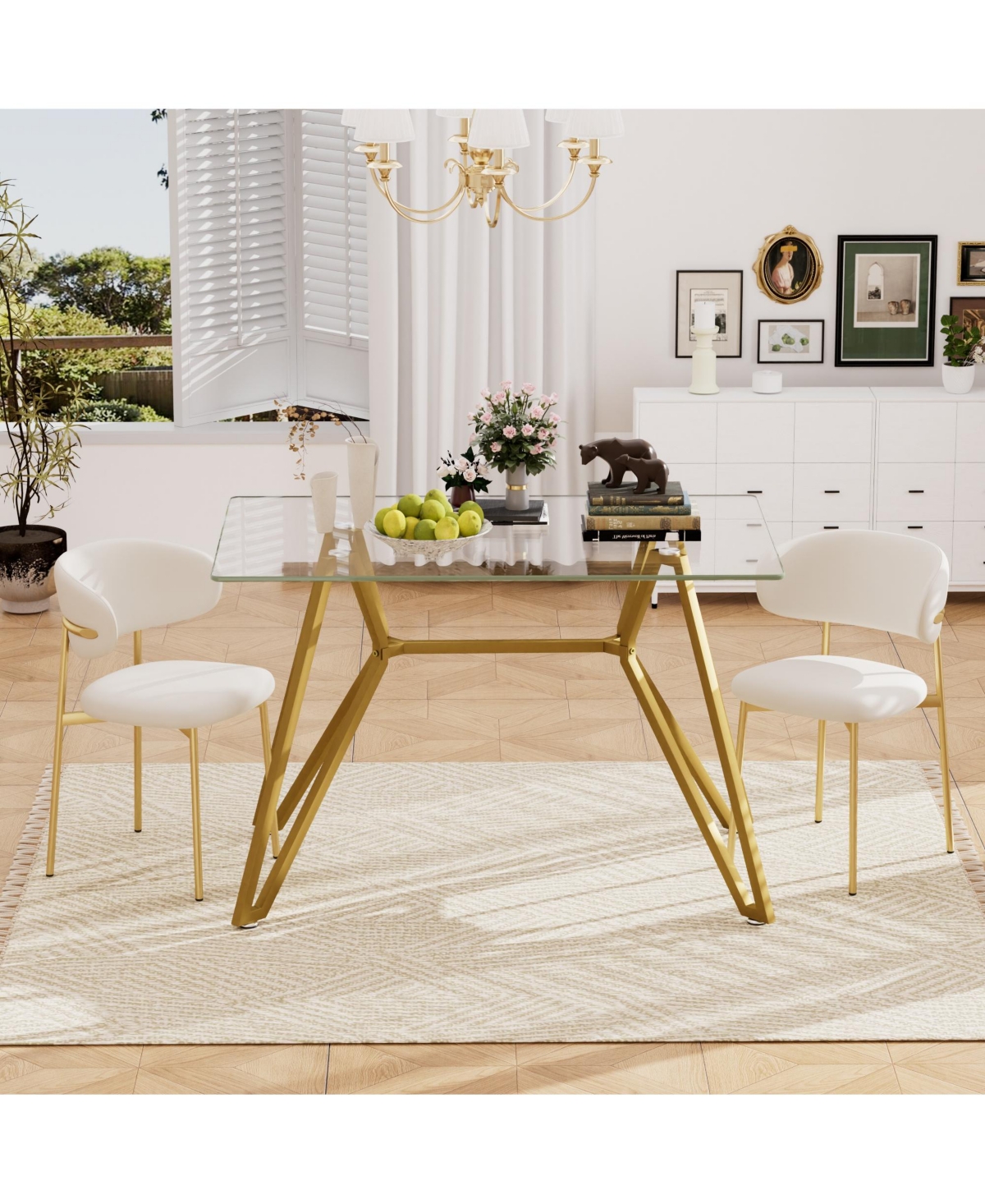 Lovmor 47.3" rectangular glass dining table with sturdy metal legs, modern design, seats 1–6 people, perfect for home or kitchen dining.