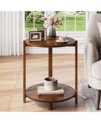Solid Wood Side Table Set of 2, Small Round End Table with 2-Tier Storage