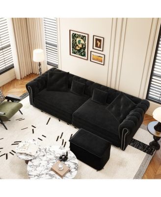 89" Sleeper Sofa Bed, King Size Velvet Pull-Out Couch with Chaise Lounge & Ottoman, 3-in-1 Tufted Sofa for Living Room