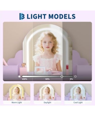 Kids Vanity with Lighted Mirror & Stool, Little Girls Vanity with Adjustable LED Light, Storage Drawer & Shelves for Girls 3-9