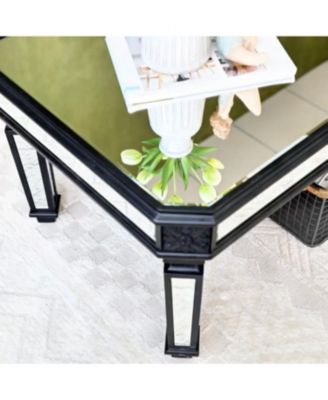 Silver Mirrored Coffee Table Black Carved Wood Rectangle Glass Tea Table