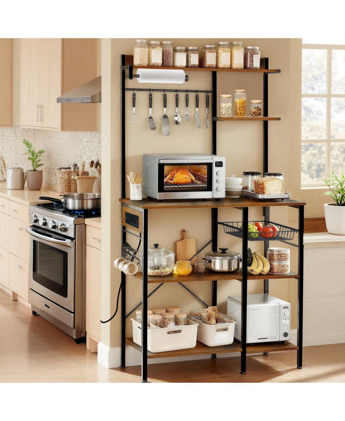 Streamdale Bakers Rack with Power Outlet, Microwave Stand, Coffee Bar, Kitchen Shelf (Brown)