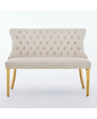 Velvet Dining Loveseat Bench, Tufted 2-Seat, Gold Legs, Mid Century Modern, Beige