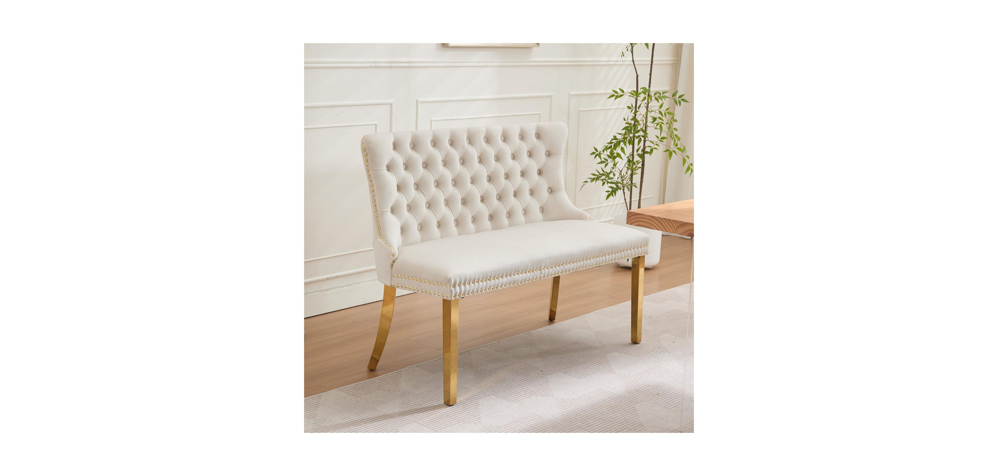 Streamdale Furniture Velvet Dining Loveseat Bench, Tufted 2-Seat, Gold Legs, Mid Century Modern, Beige