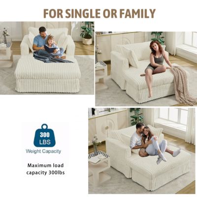 Oversized Corduroy Chaise Lounge with Ottoman, Beige