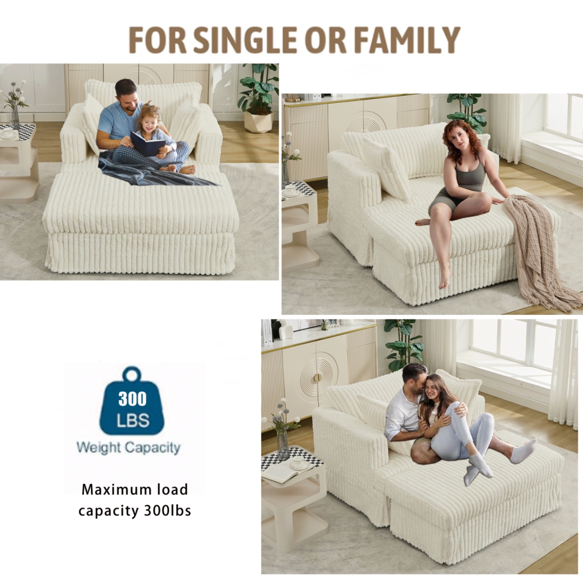 Streamdale Furniture Oversized Corduroy Chaise Lounge with Ottoman, Beige