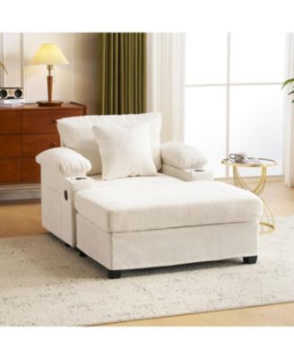 Oversized Chenille Chair with Ottoman USB & Cupholders