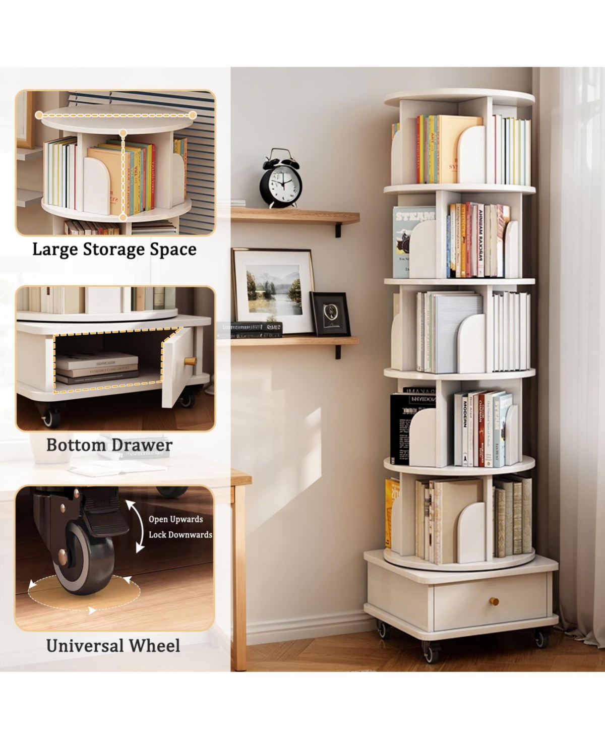 Streamdale Furniture Rotating Bookshelf with Wheels & Drawer
