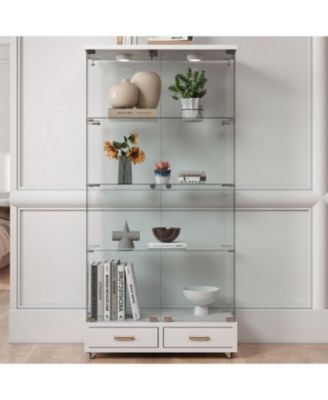 White Glass Display Cabinet w/ Drawers & LED Lights