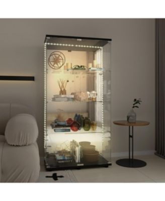  Tempered Glass Display Cabinet w/ LED, Lock, Mirror Back - Black