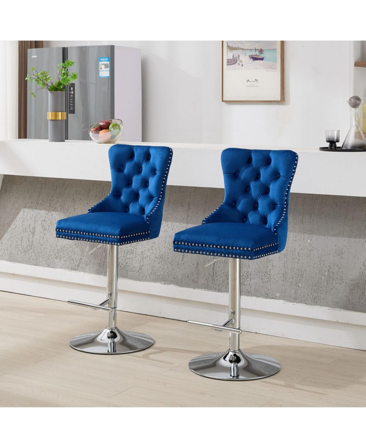 Streamdale Furniture Streamdale Chrome Swivel Velvet Barstools, Adjustable Height, Tufted, Set of 2