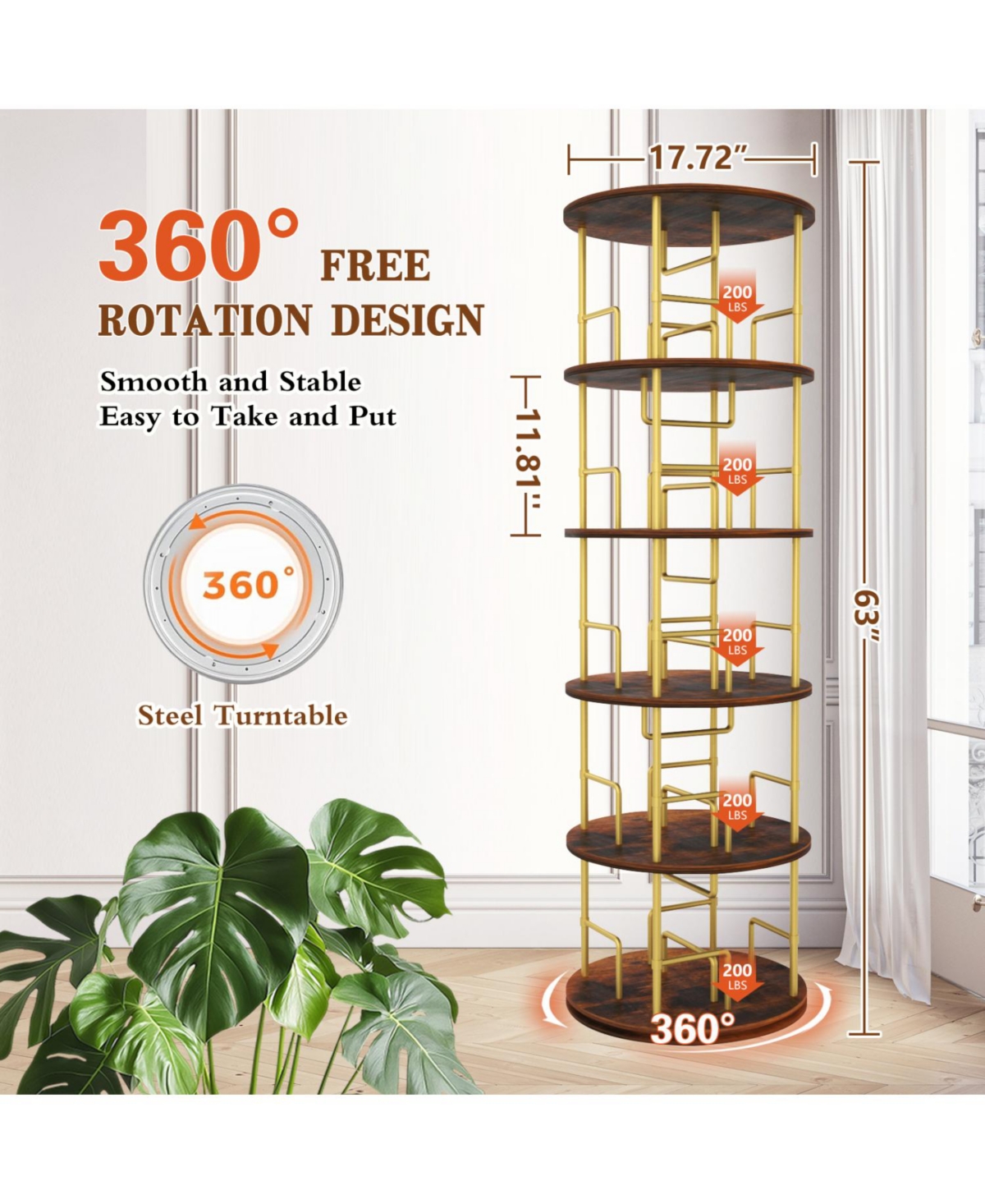 Streamdale Furniture Rotating 5-Tier Bookshelf - 360 Swivel, Gold