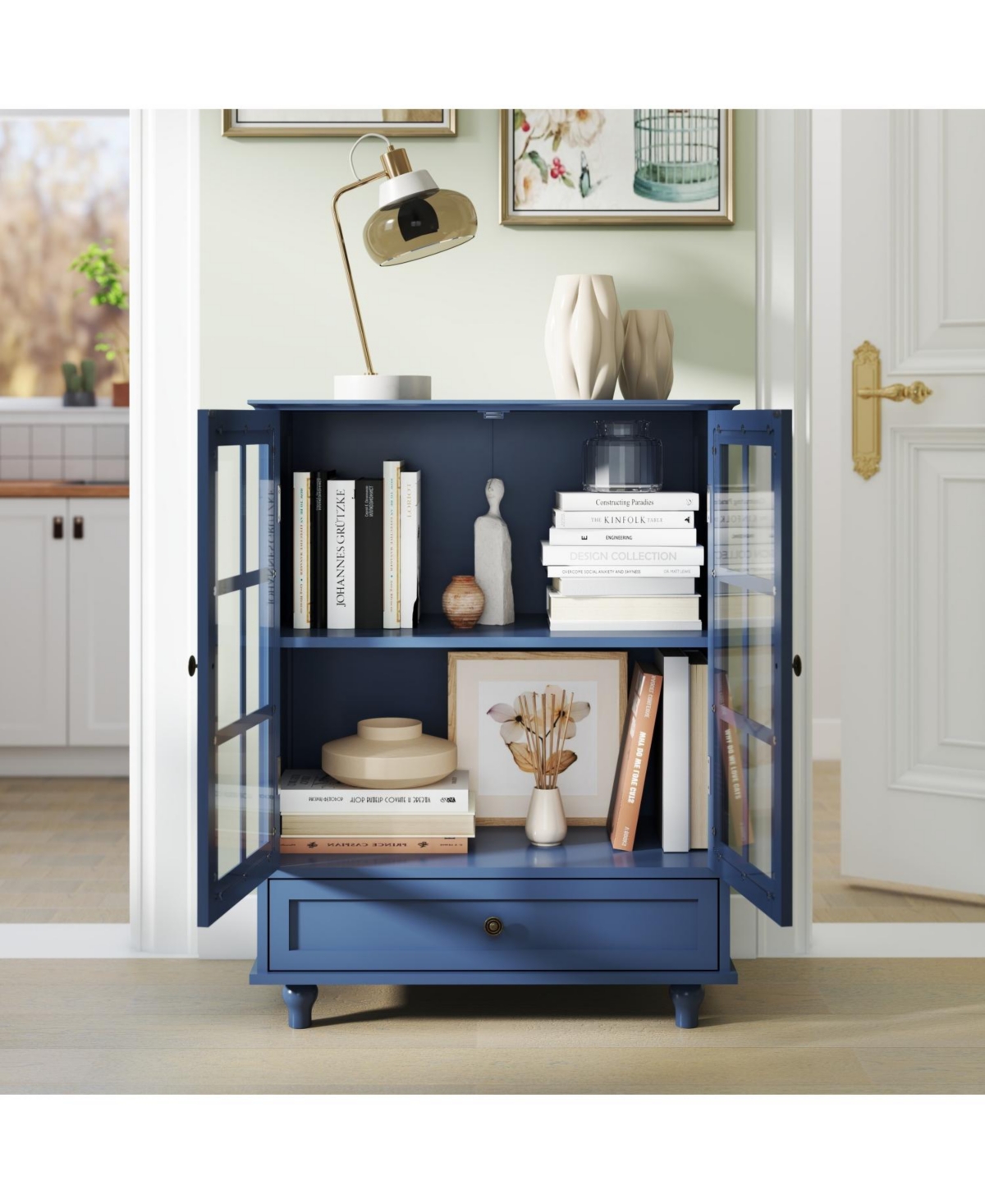Streamdale Furniture Minimalist Blue Buffet Cabinet - Glass Doors & Drawer