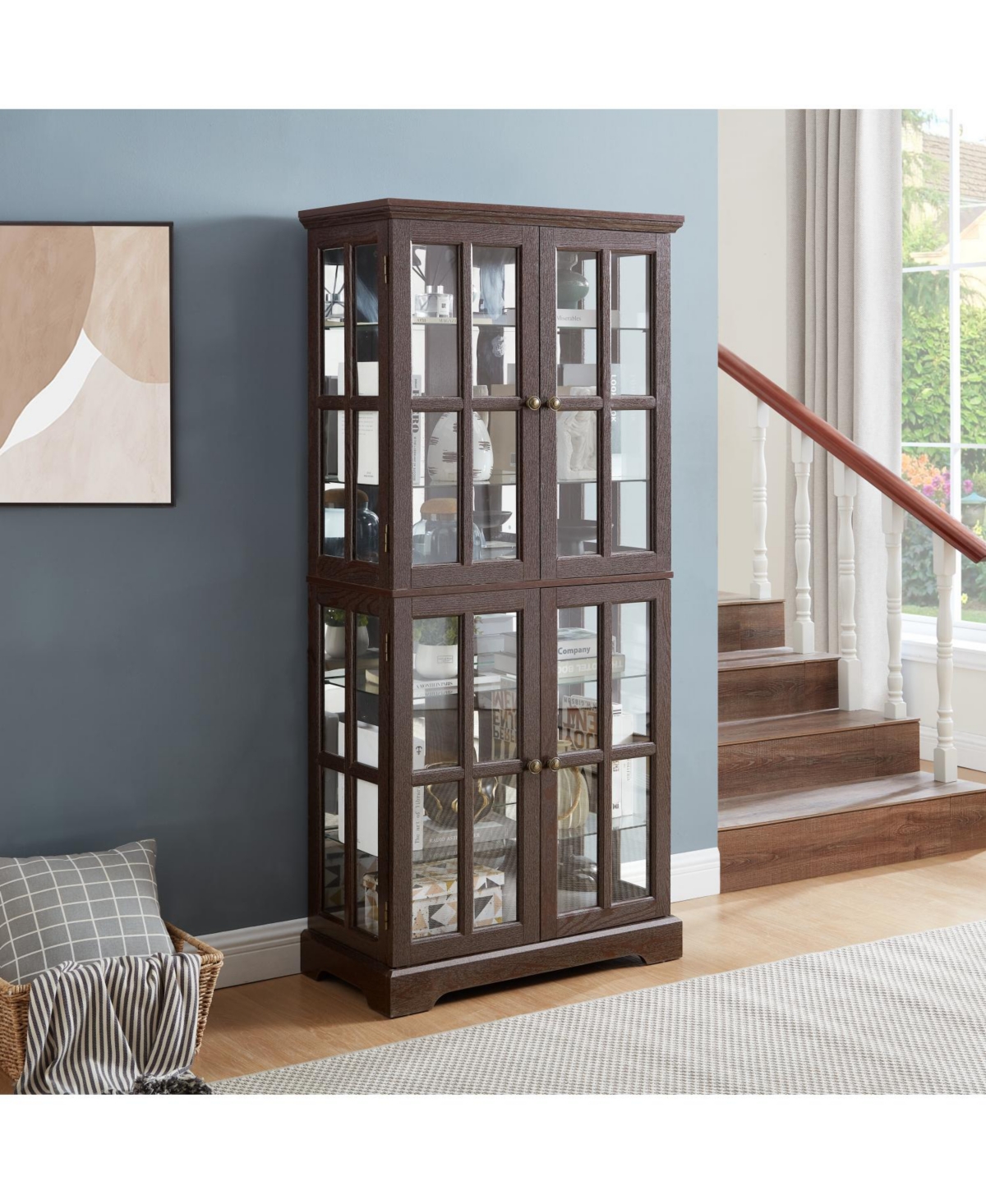 Streamdale Furniture Antique Glass Display Cabinet with Adjustable Shelves and E26 Bulb