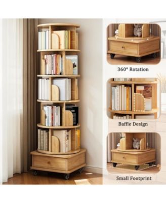 Rotating Bookshelf with Wheels & Drawer
