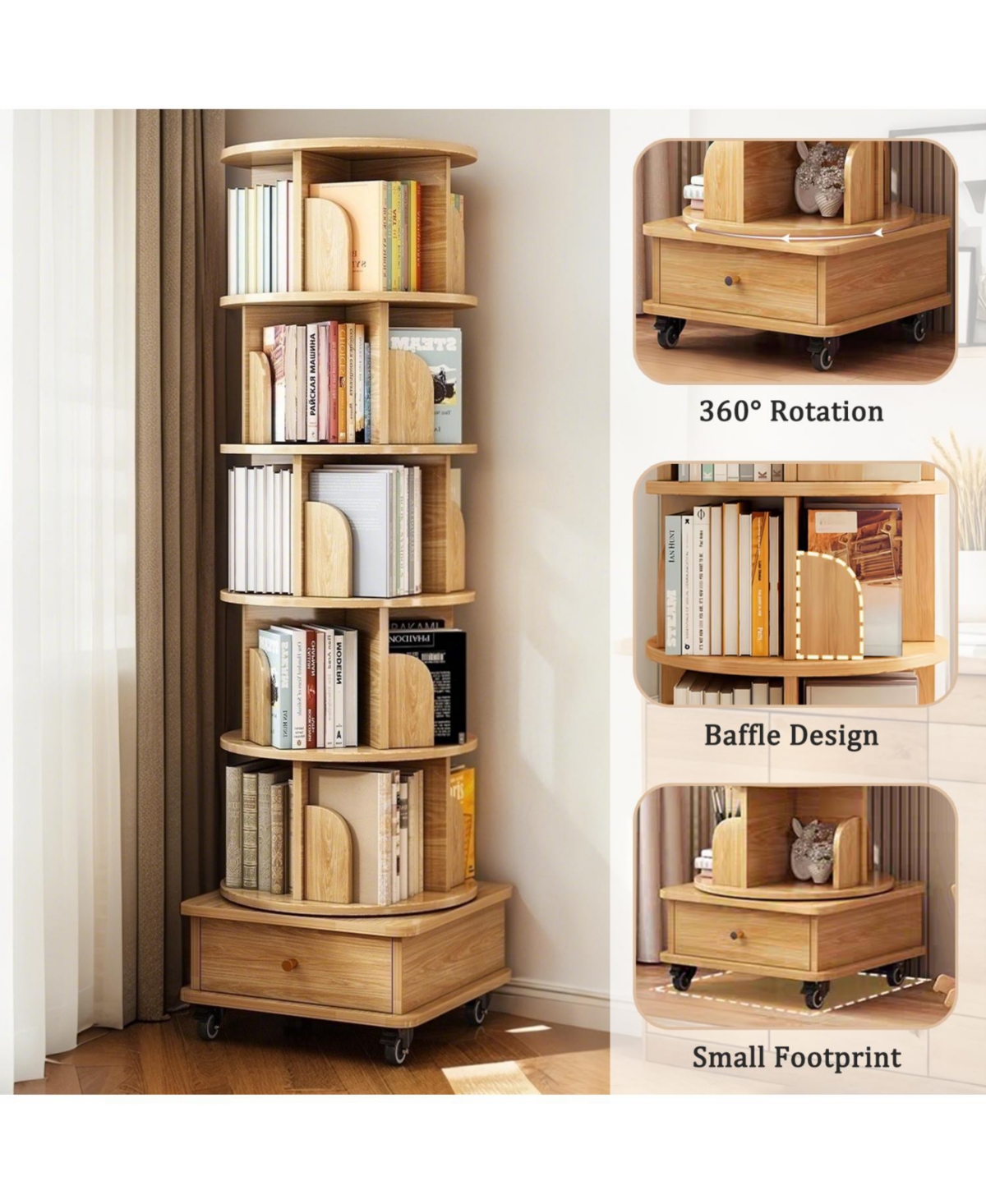 Streamdale Furniture Rotating Bookshelf with Wheels & Drawer