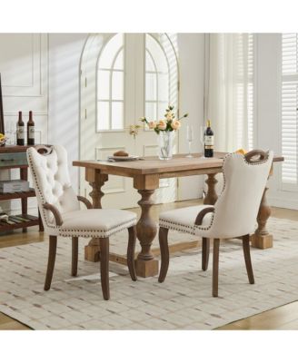 Streamdale Velvet Tufted Dining Chairs, Wood Handles & Legs, Copper Nails, Beige, Set of 2