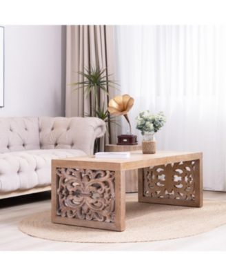Rustic Carved Wood Coffee Table - Ornate Panels, Natural Finish