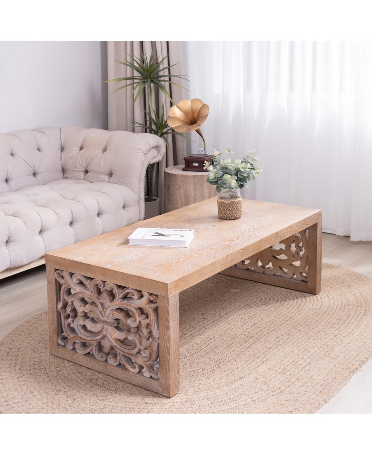 Streamdale Furniture Rustic Carved Wood Coffee Table - Ornate Panels, Natural Finish