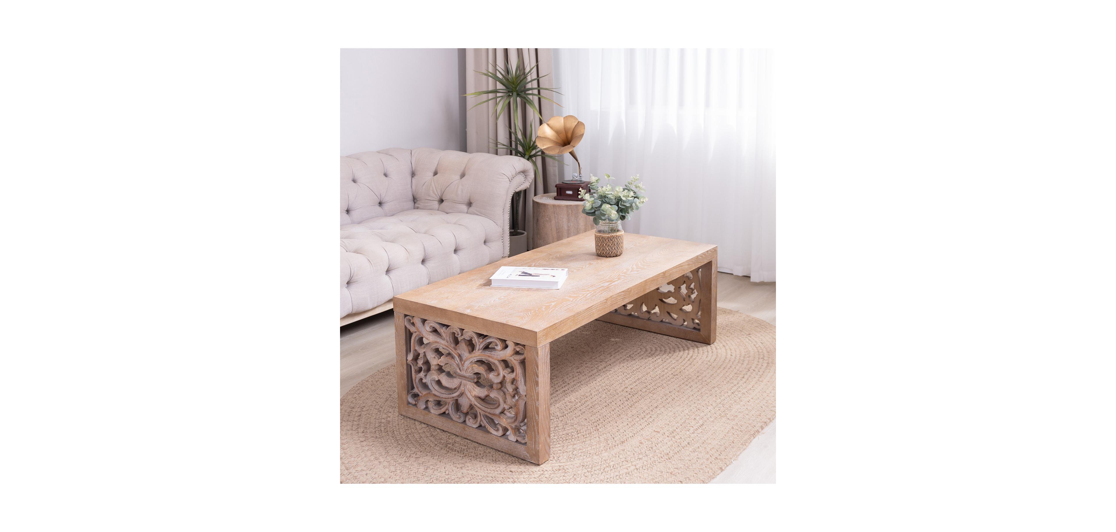 Streamdale Furniture Rustic Carved Wood Coffee Table - Ornate Panels, Natural Finish