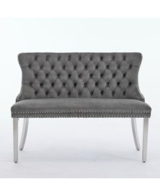  Velvet Tufted Dining Bench, Wingback, Silver Legs, Mid Century Modern, Gray