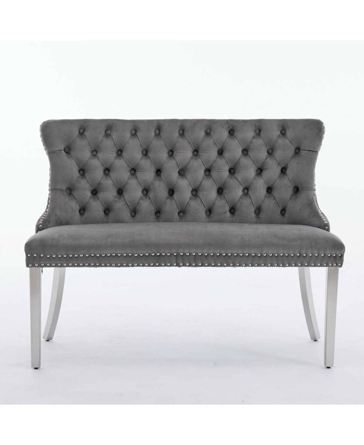 Streamdale Furniture Velvet Tufted Dining Bench, Wingback, Silver Legs, Mid Century Modern, Gray