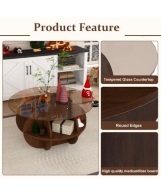 Streamdale Round Coffee Table - Glass Top, Walnut Brown