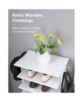 7-Tier Vertical Shoe Rack Organizer with Hooks - White