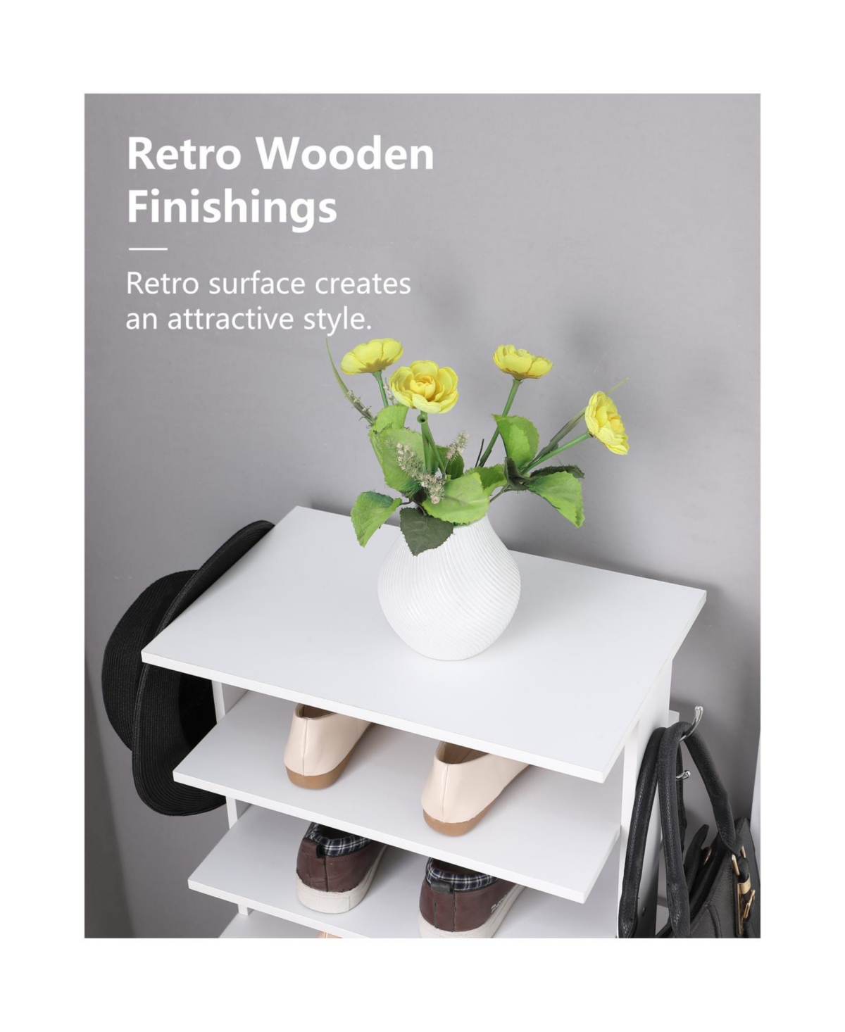 Streamdale Furniture 7-Tier Vertical Shoe Rack Organizer with Hooks - White