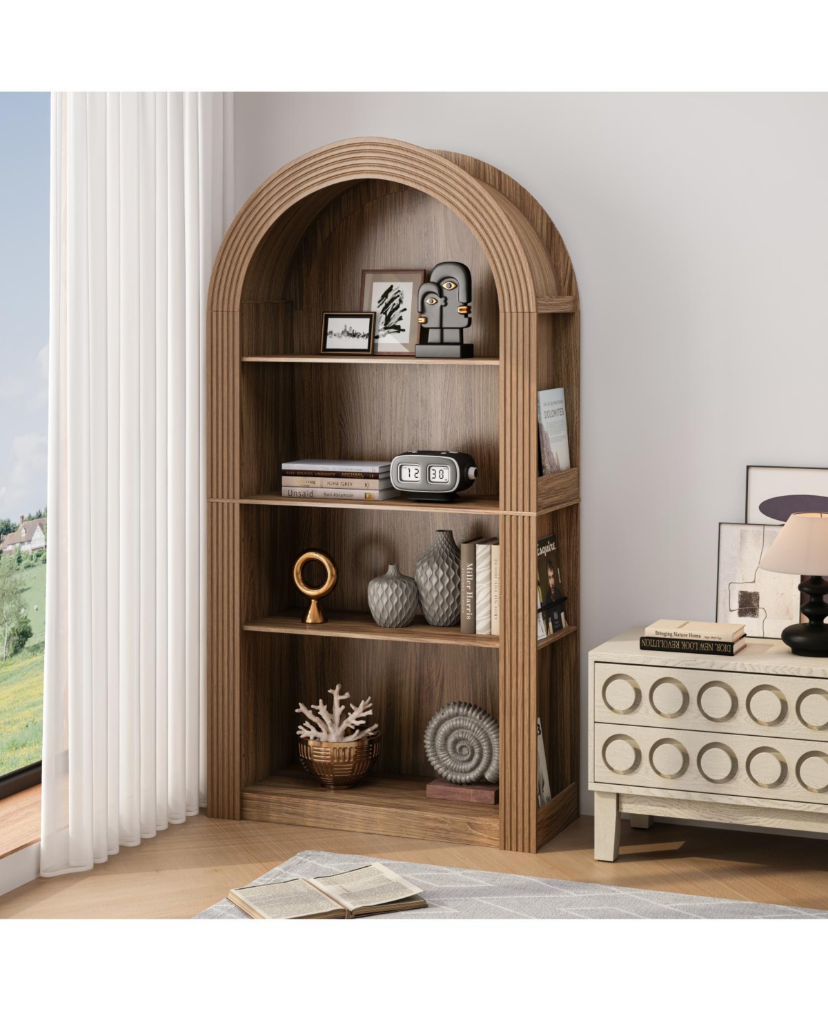 Streamdale Furniture 78" Arched Bookcase - Mid Century Modern 4-Tier Display Shelf (Brown)